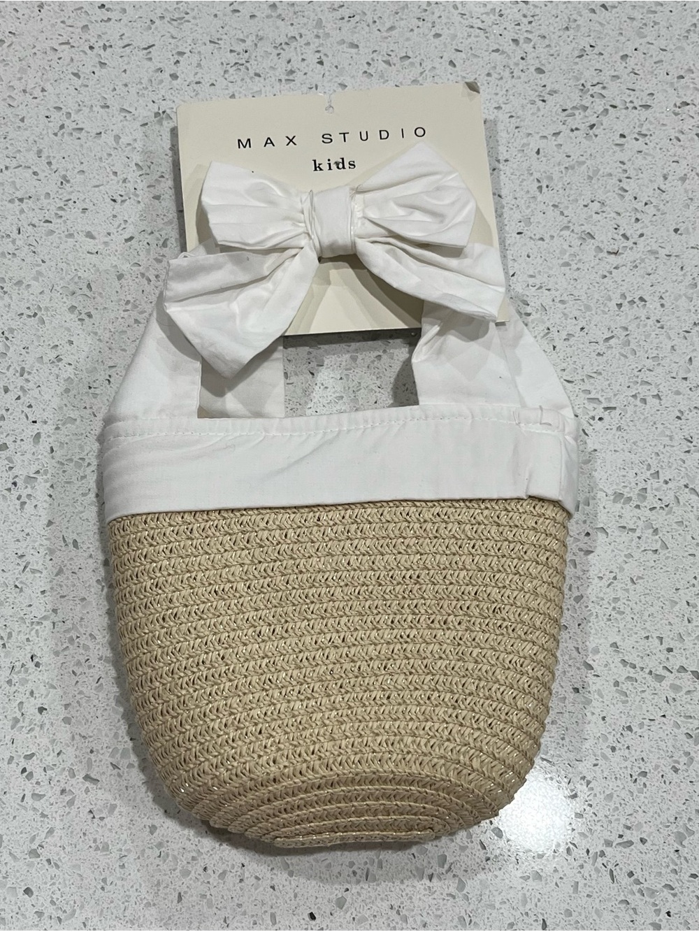Max Studios Kids Girls Summer Straw Bucket Bag with Bow Details White NWT